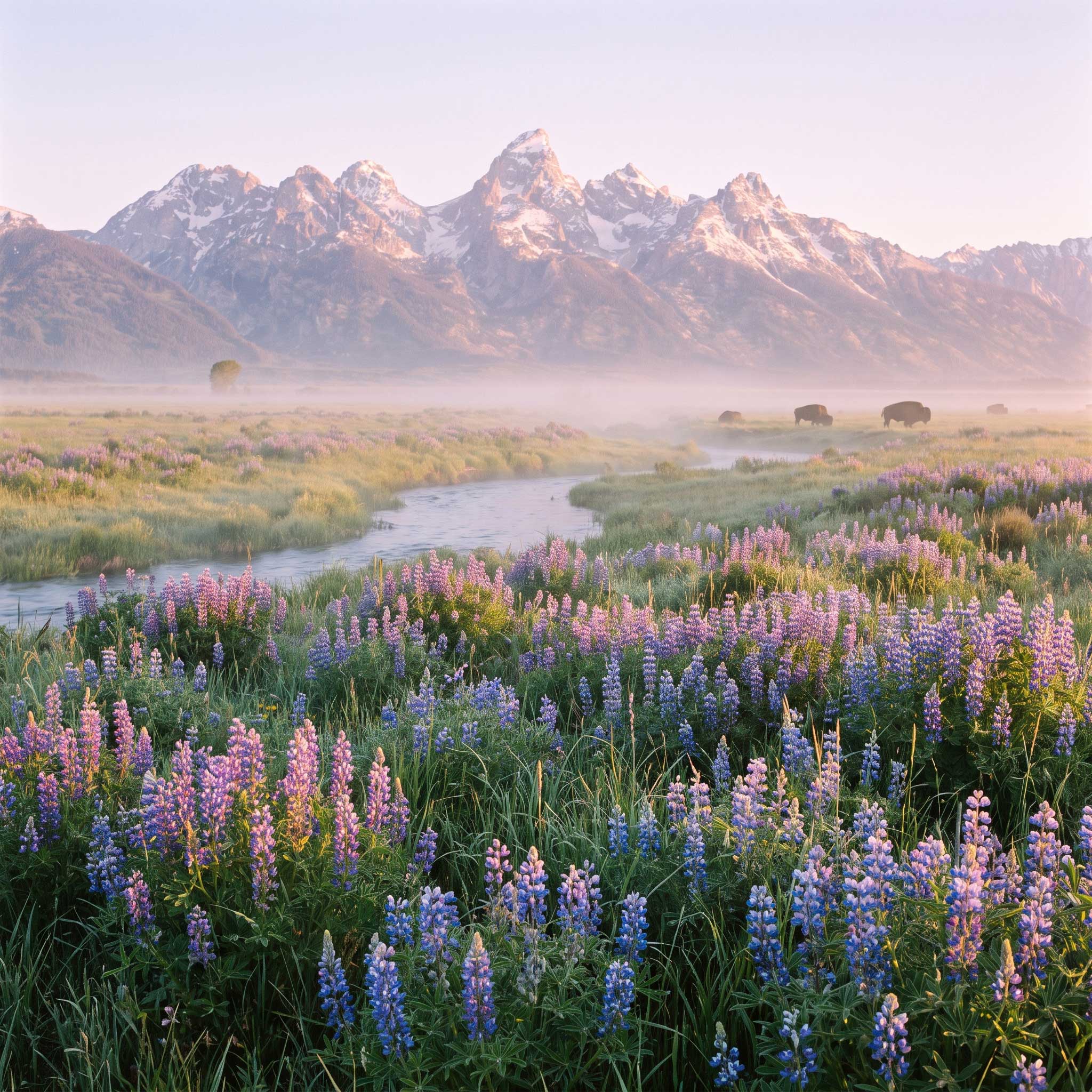 Lupine wildflowers in a misty Teton meadow at sunrise